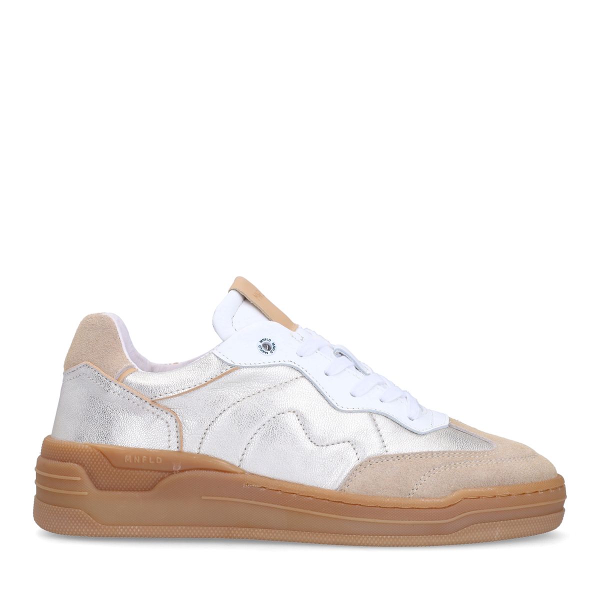 Zilveren leren sneakers met beige suède details