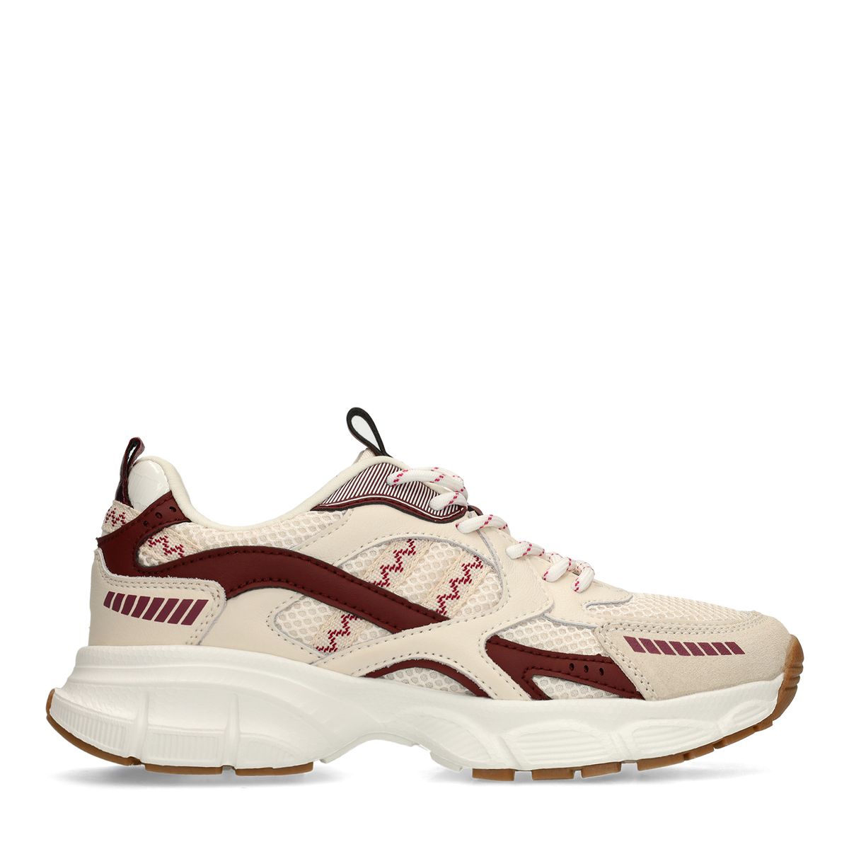 Beige mesh sneakers met burgundy details