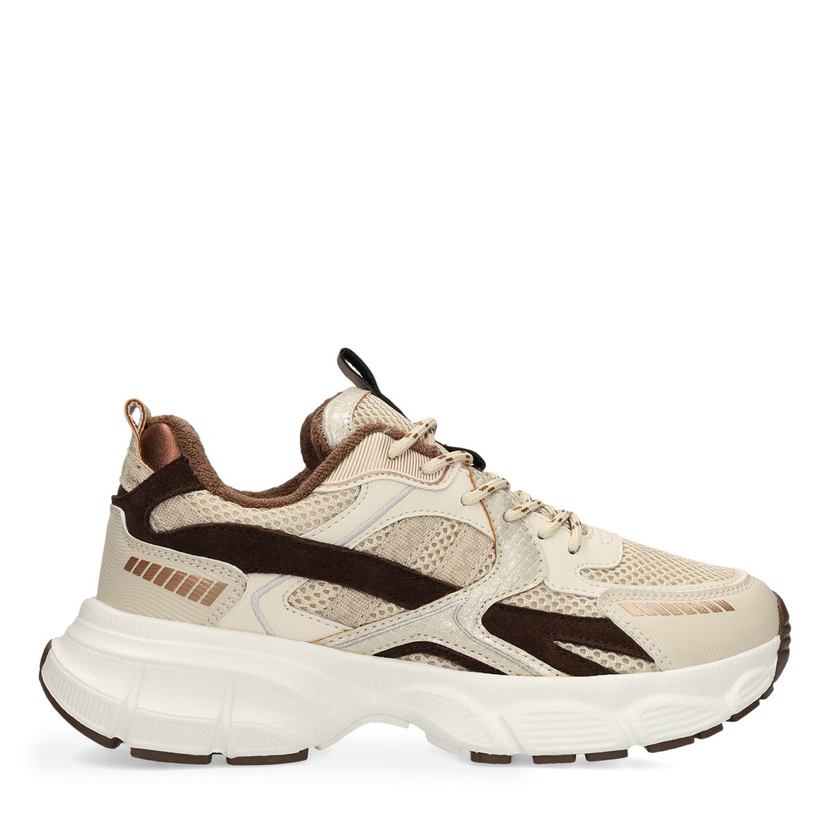 Beige mesh sneakers met bruine details
