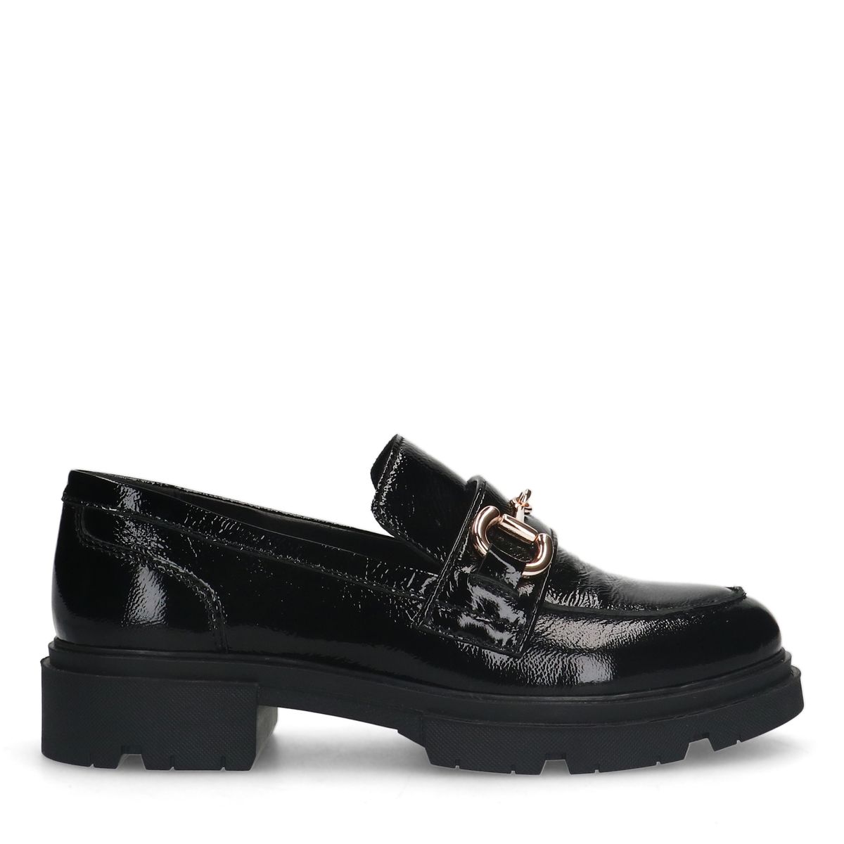 Zwarte lakleren loafers met gouden chain