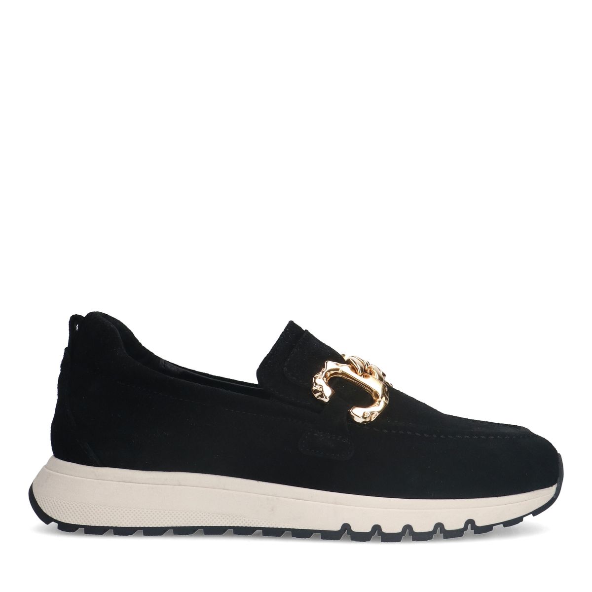 Zwarte suède loafers met gouden chain