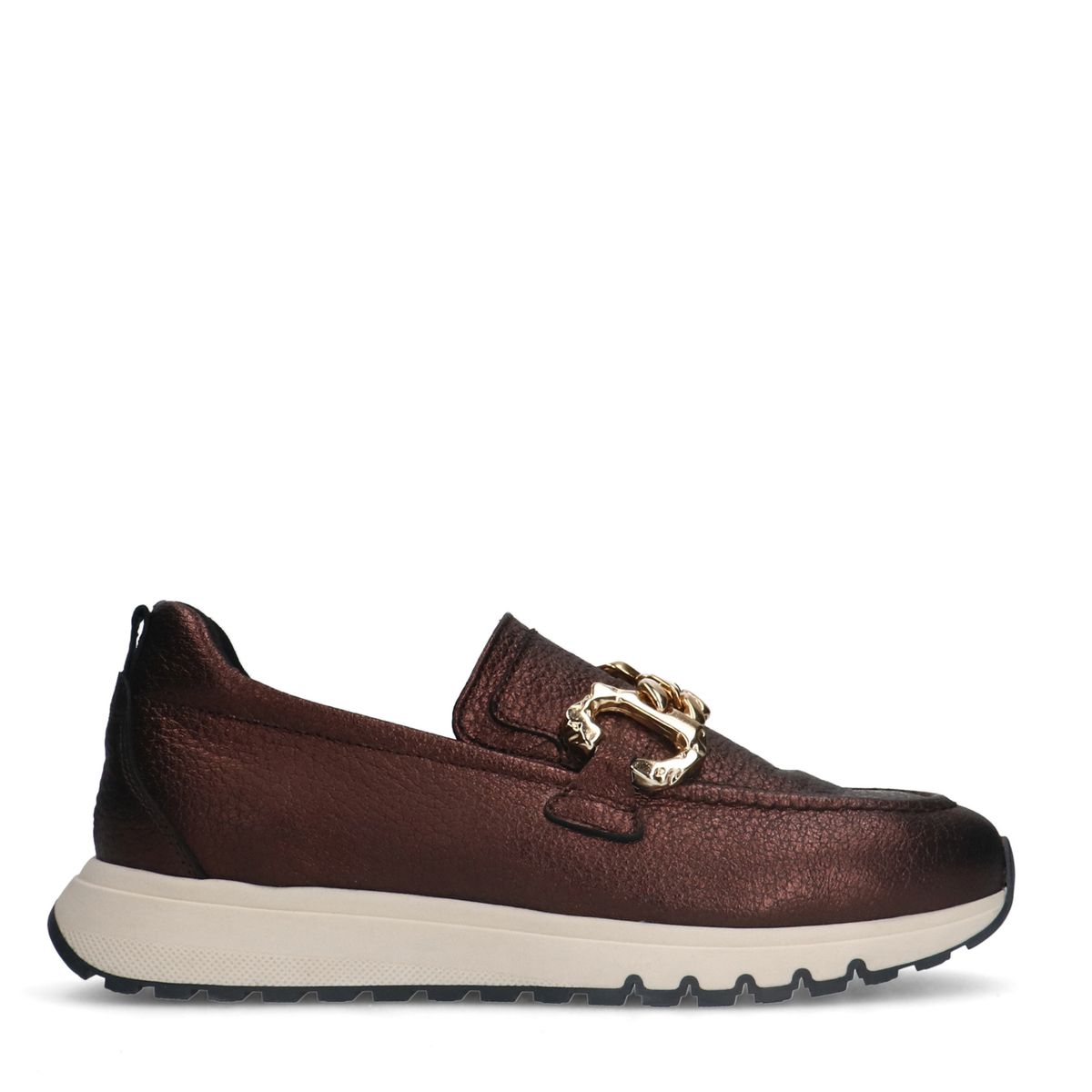 Bronzen leren loafers met goudkleurige chain