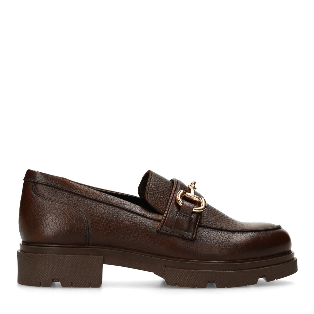 Donkerbruine leren loafers met gouden chain