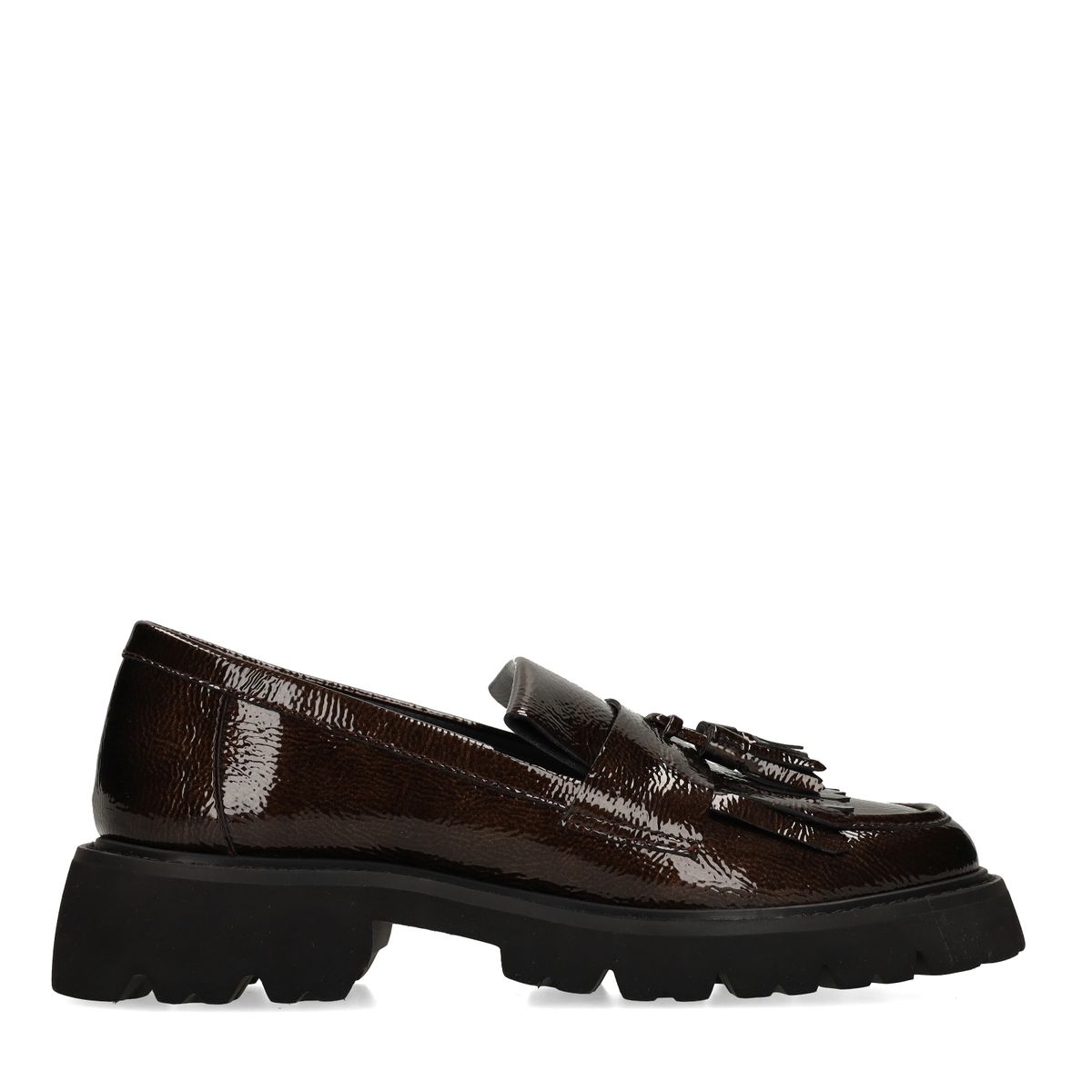 Donkerbruine lak loafers met franjes