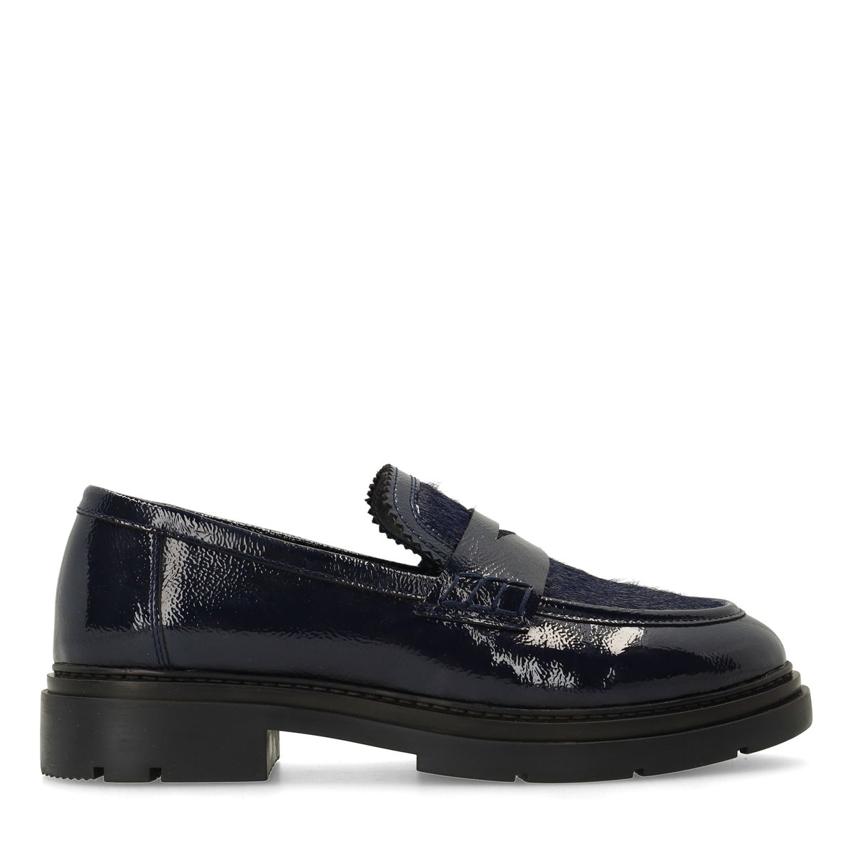 Donkerblauwe lakleren loafers met pony hair