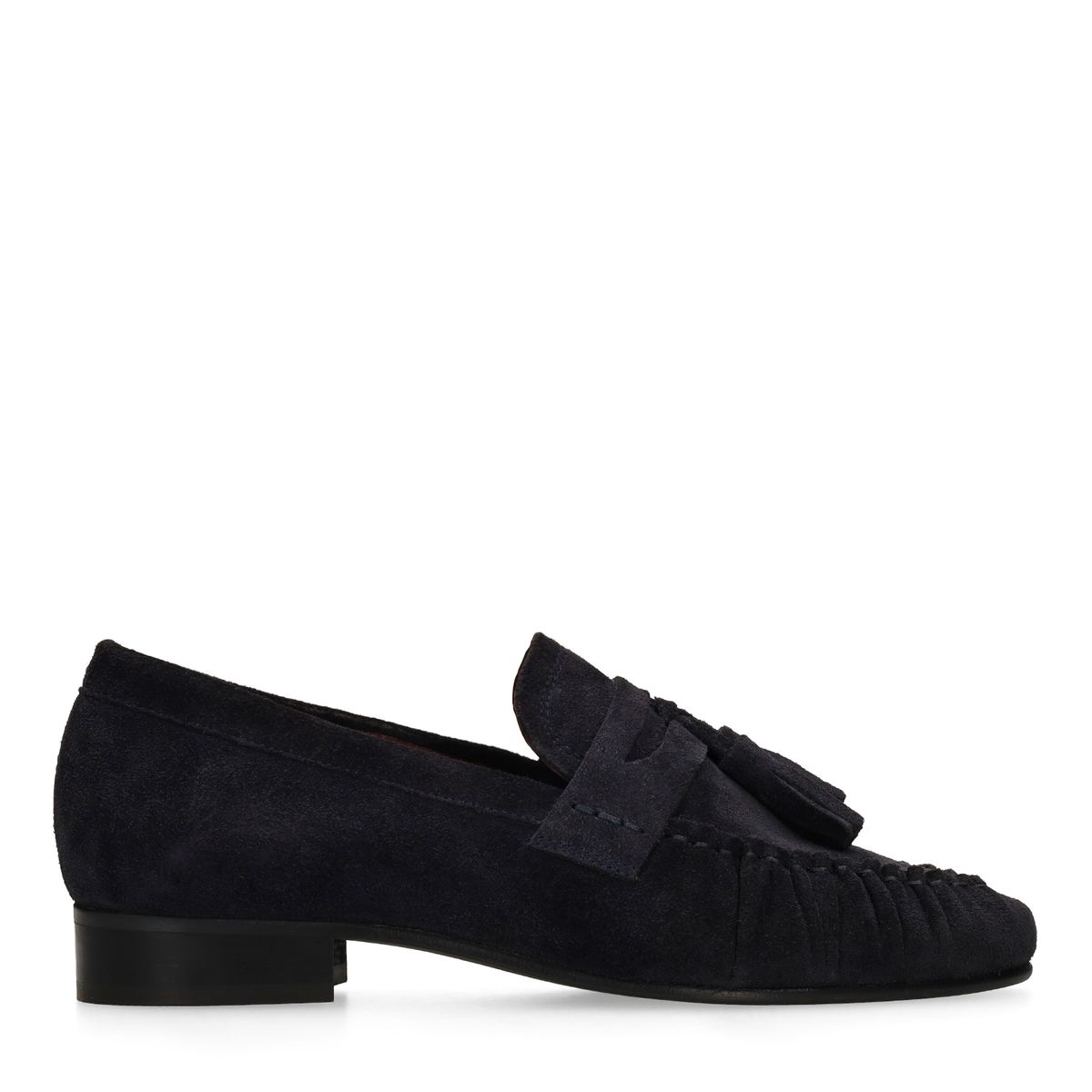 Donkerblauwe suède loafers met kwastjes