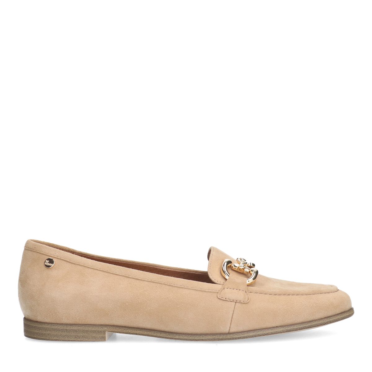 Beige suède loafers met gouden chain
