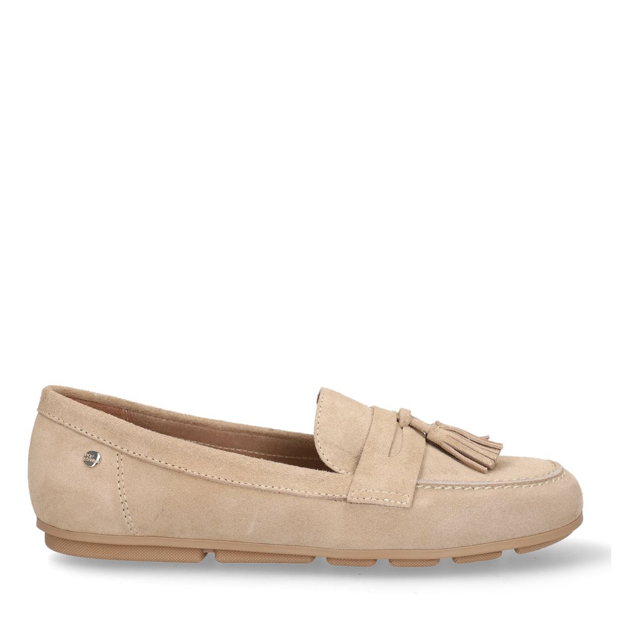 No Stress Beigefarbene Veloursleder-Loafer Mit Fransen