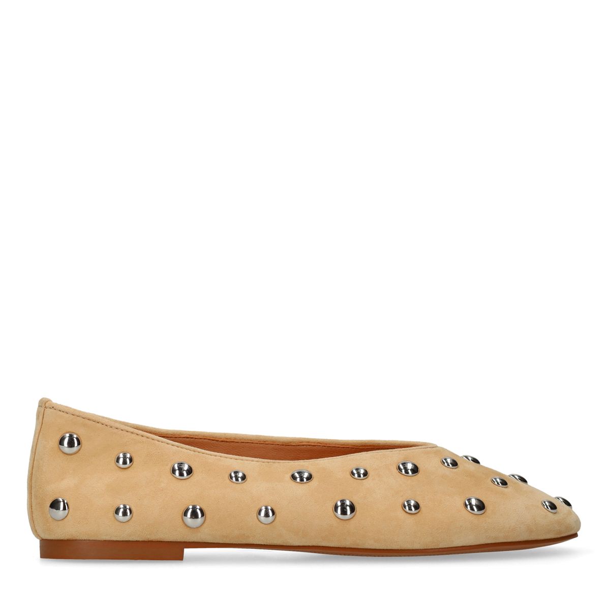 Manfield Beige Suède Ballerina's Met Zilveren Studs - Maat 40