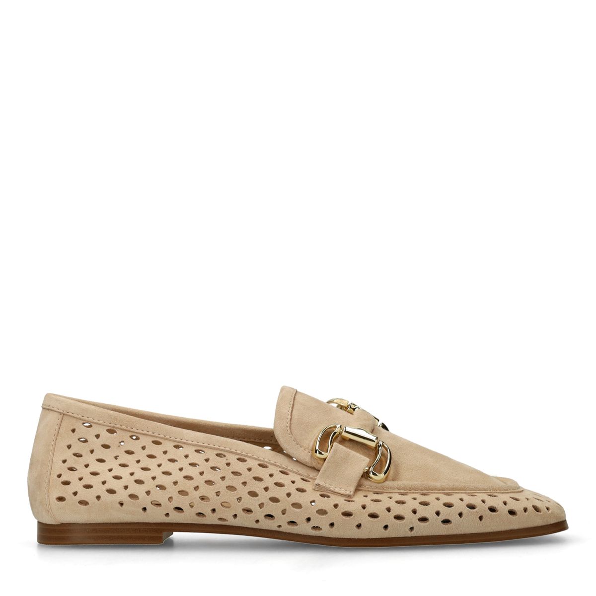 Manfield Beigefarbene Leder-Loafer Mit Goldfarbener Kette
