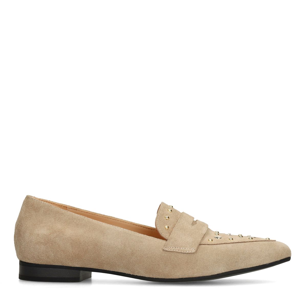 Manfield Beigefarbene Veloursleder-Loafer Mit Goldfarbenen Nieten