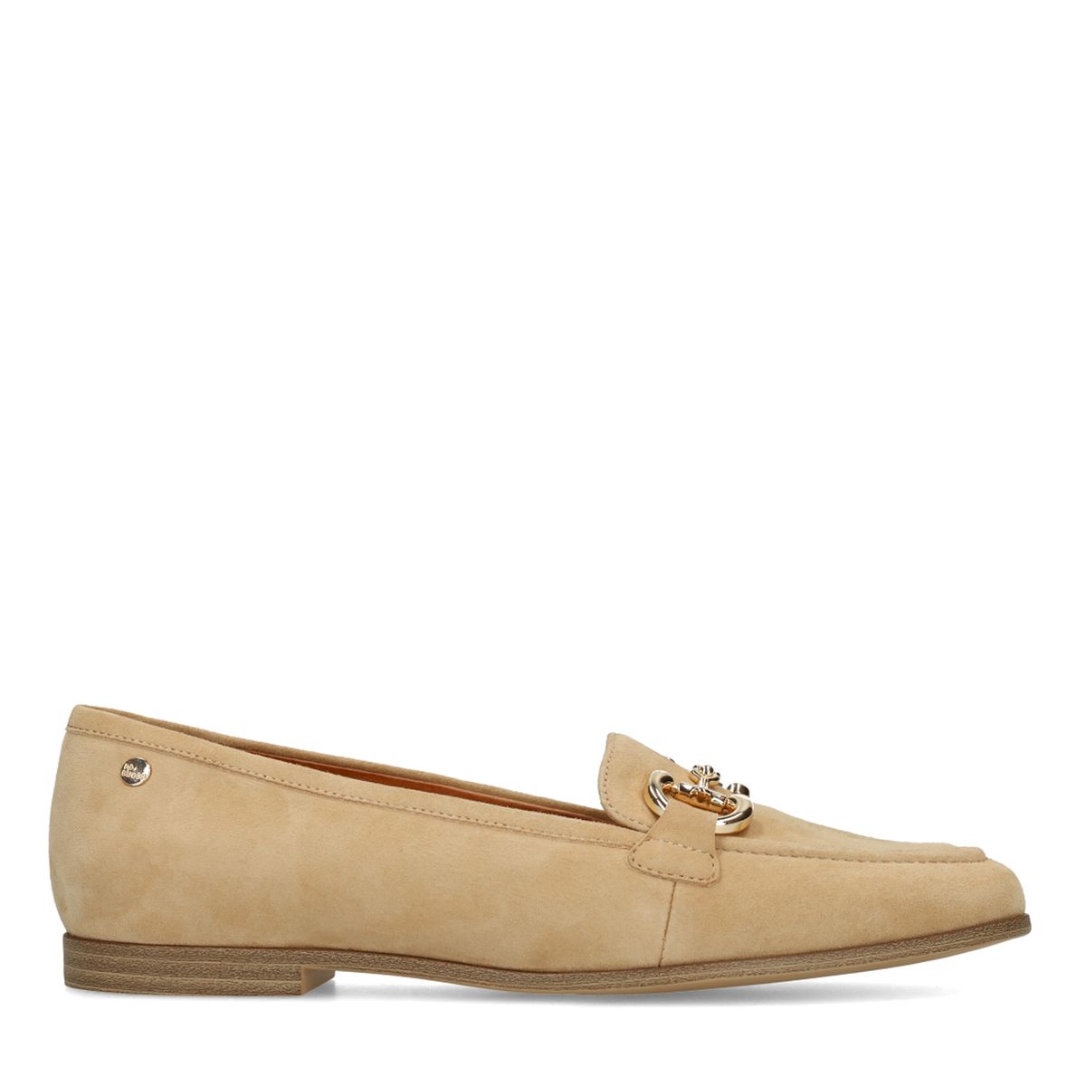 No Stress Beigefarbene Veloursleder-Loafer Mit Goldfarbener Kette