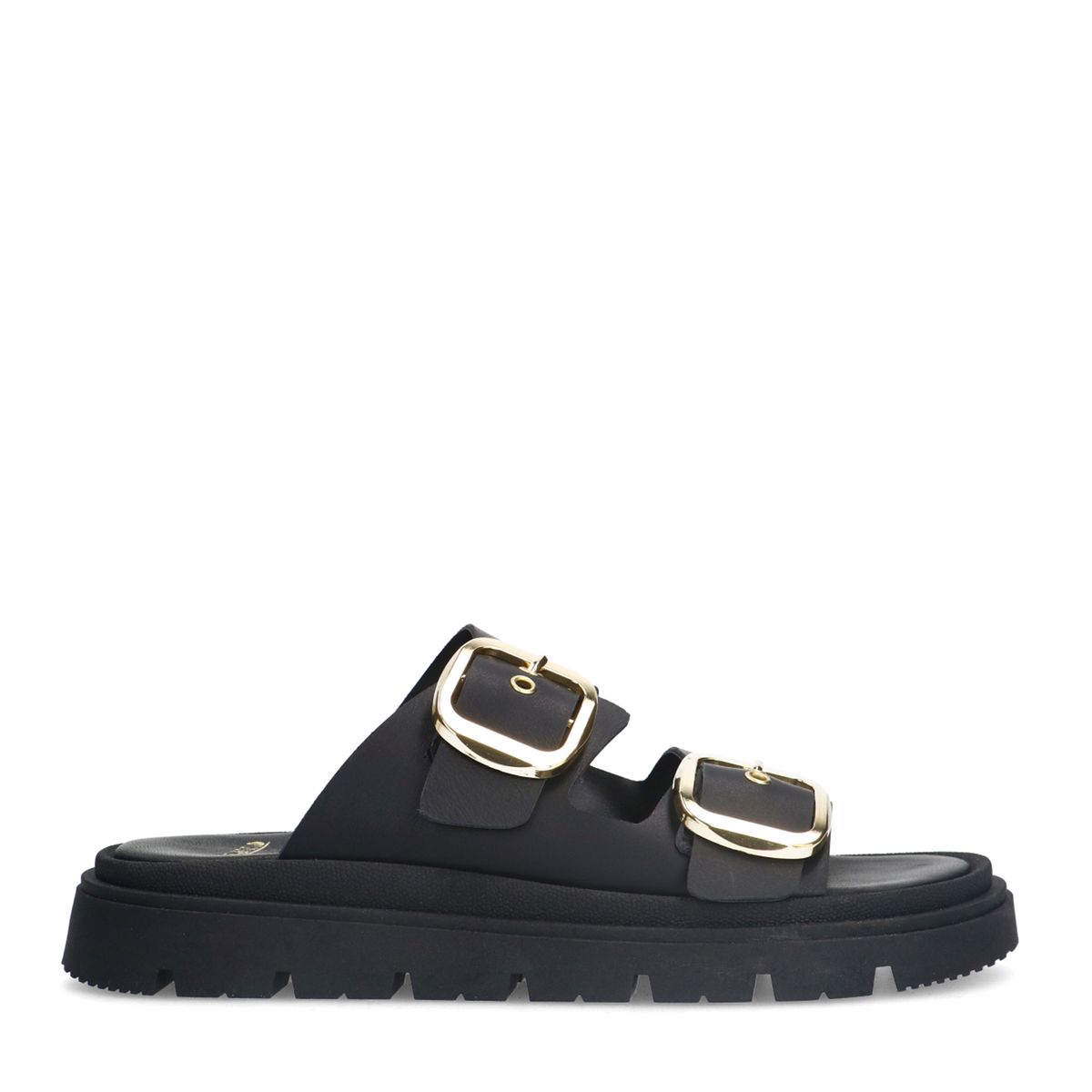 Zwarte leren slippers met gesp