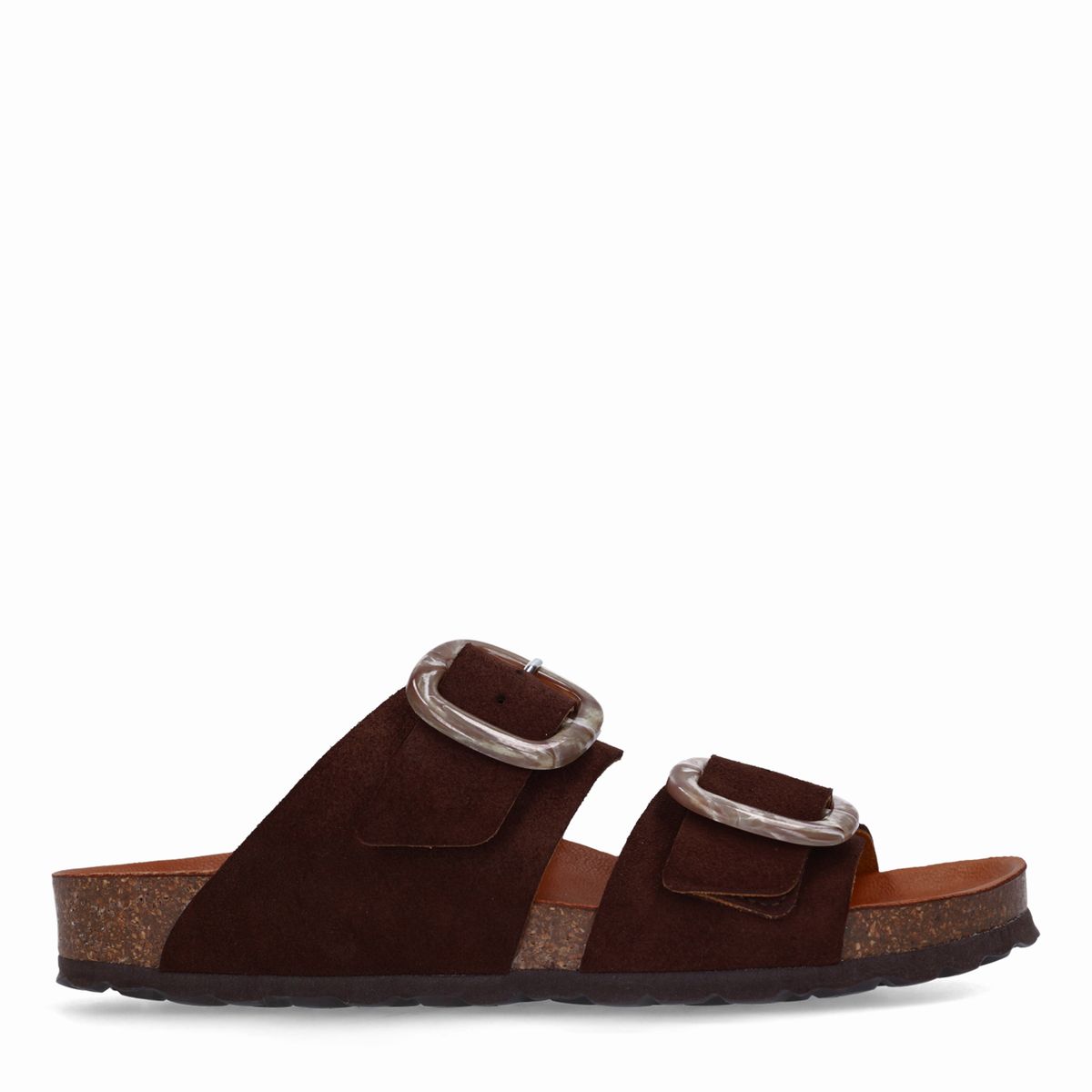 Bruine suède slippers met gesp