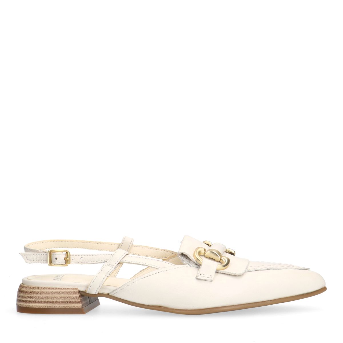 Witte leren slingbacks met goudkleurige chain