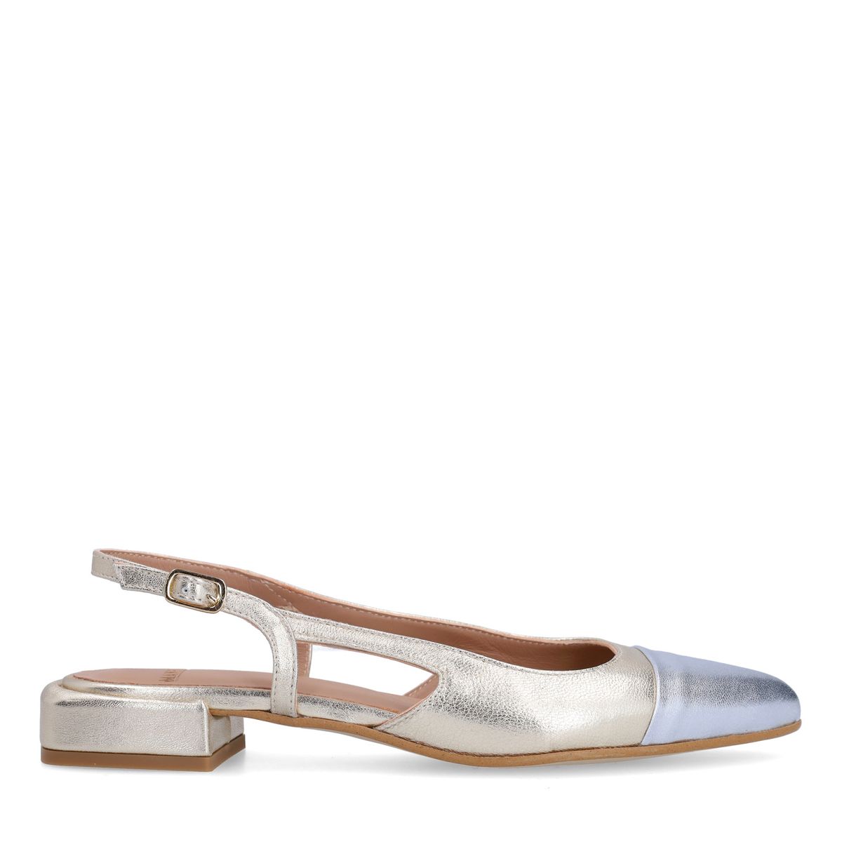 Gouden leren slingbacks met zilverkleurig detail