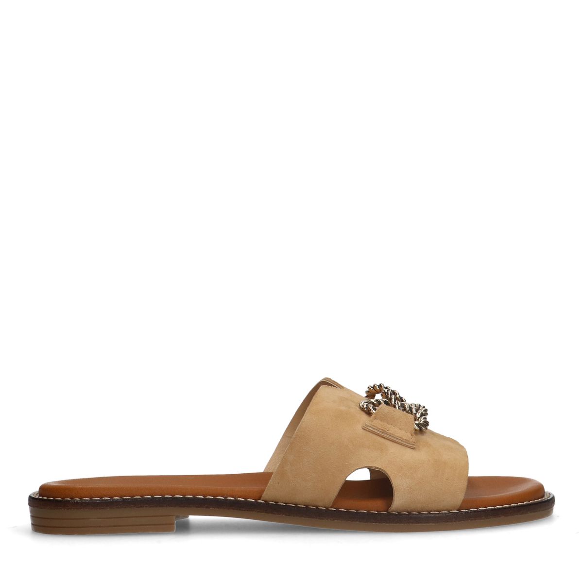 Cognac suède slippers met chain