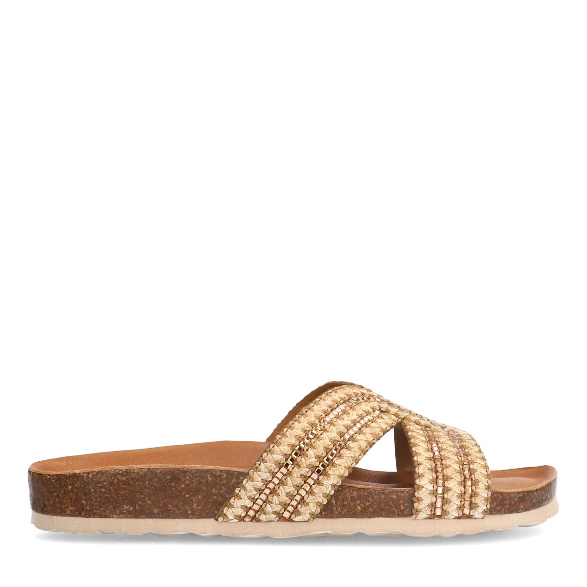 Beige raffia slippers met glittersteentjes