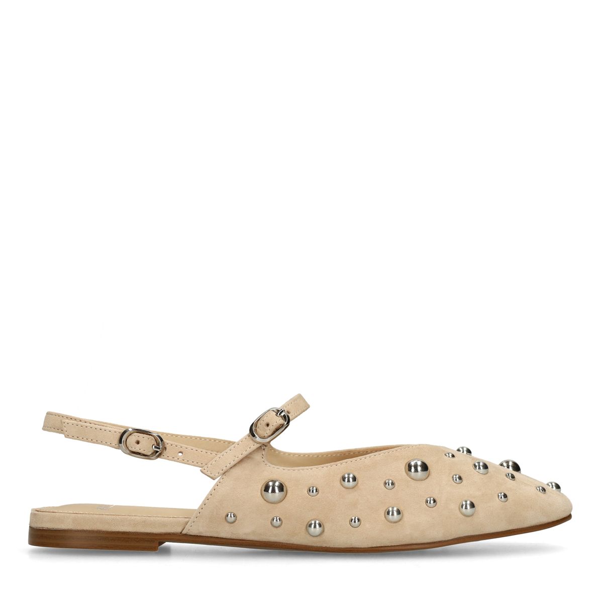 Manfield Beigefarbene Veloursleder-Slingbacks Mit Silberfarbenen Nieten