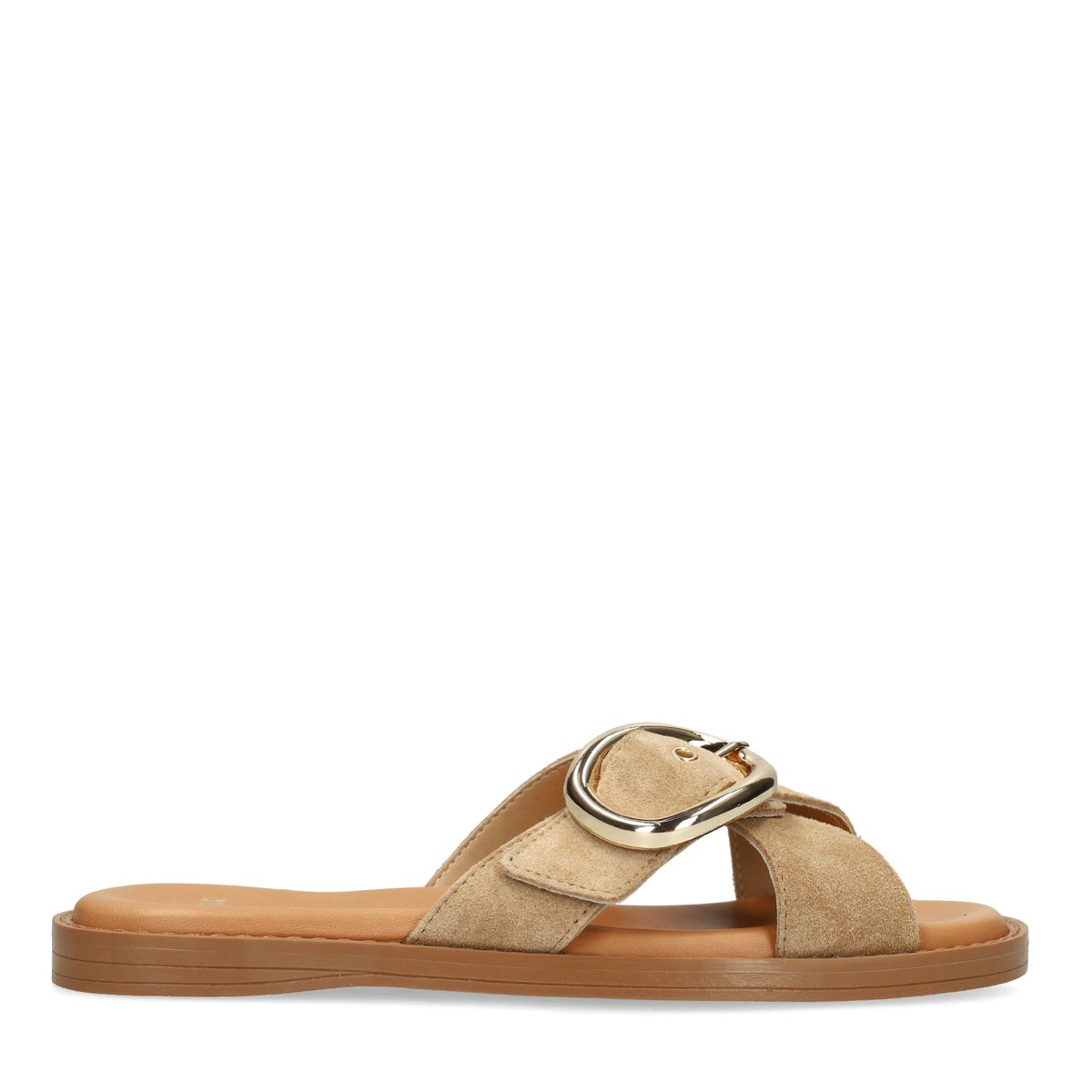 Manfield Beigefarbene Veloursleder-Sandalen Mit Schnalle