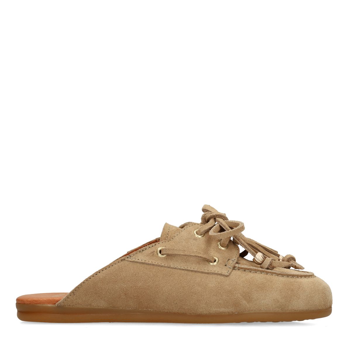 Manfield Beige Suède Muiltjes Met Franjes - Maat 39