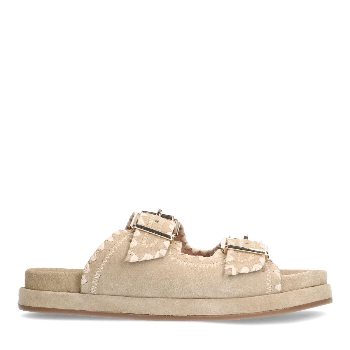 Beige suède slippers met witte details