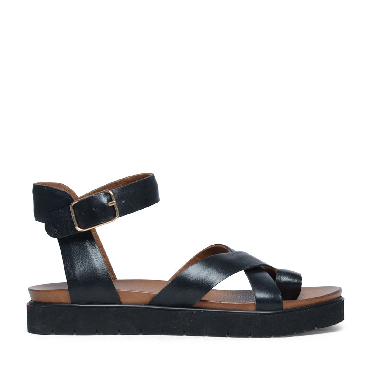Zwarte leren plateau sandalen met gespsluiting