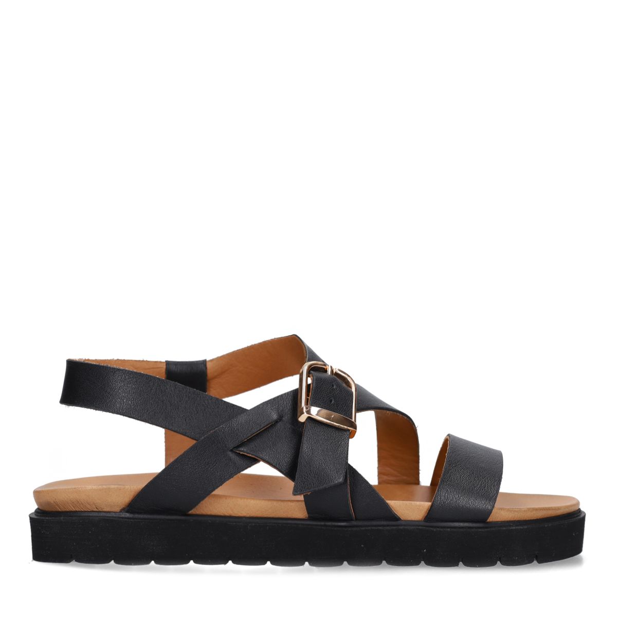 Manfield Schwarze Ledersandalen Mit Plateausohle