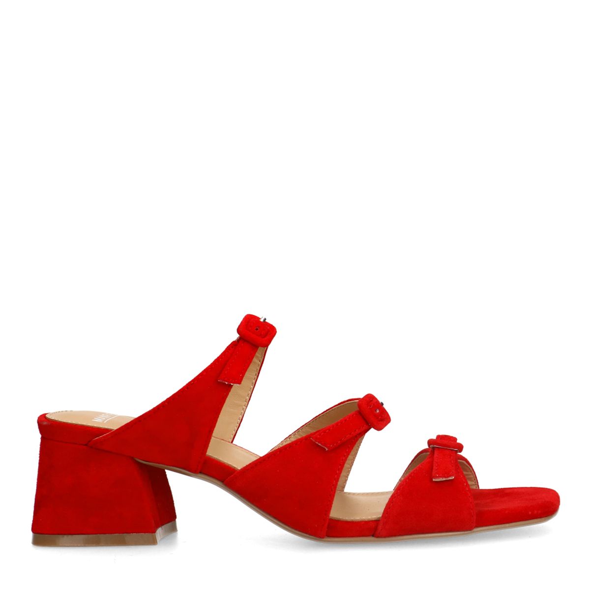 Rode suède sandalen met hak en gespjes
