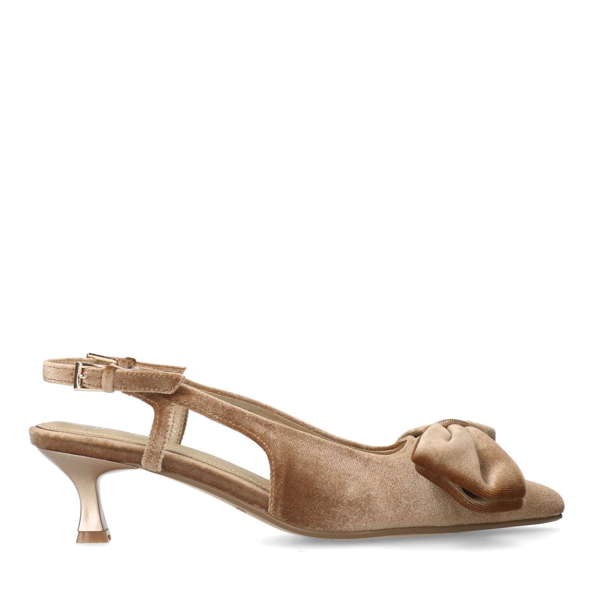 Taupe velours slingbacks met strik
