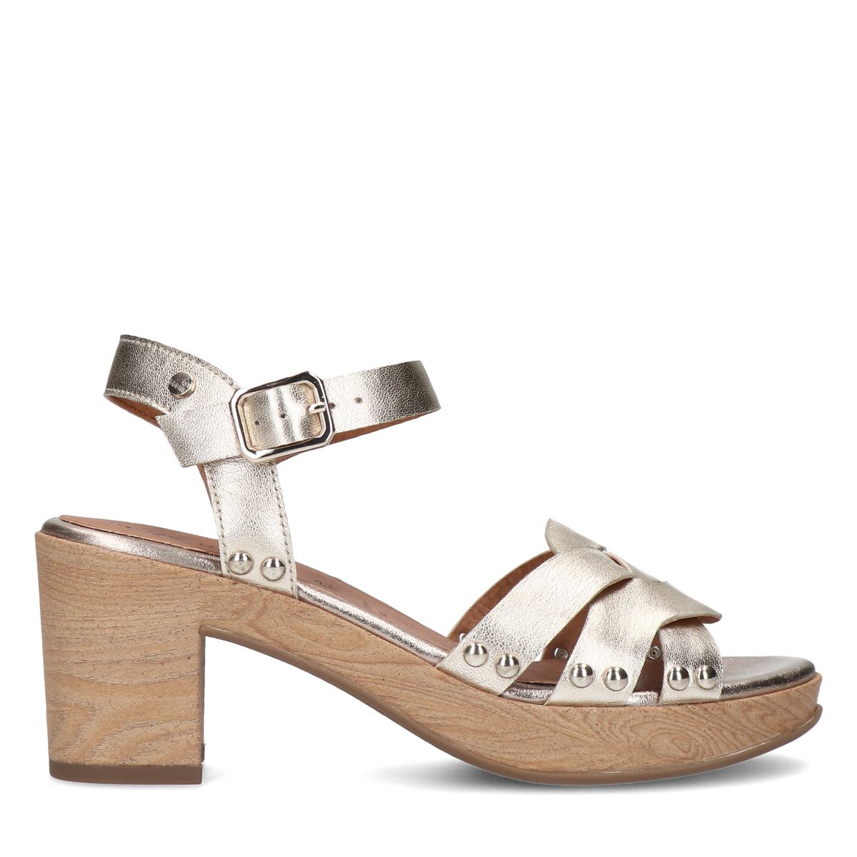 Gouden leren blokhak met gevlochten band