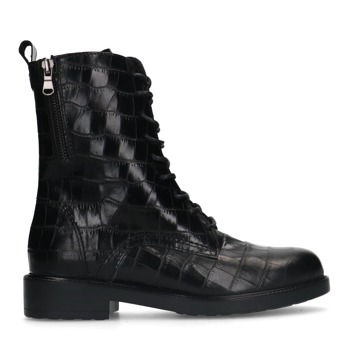 Zwarte leren veterlaarsjes met crocoprint