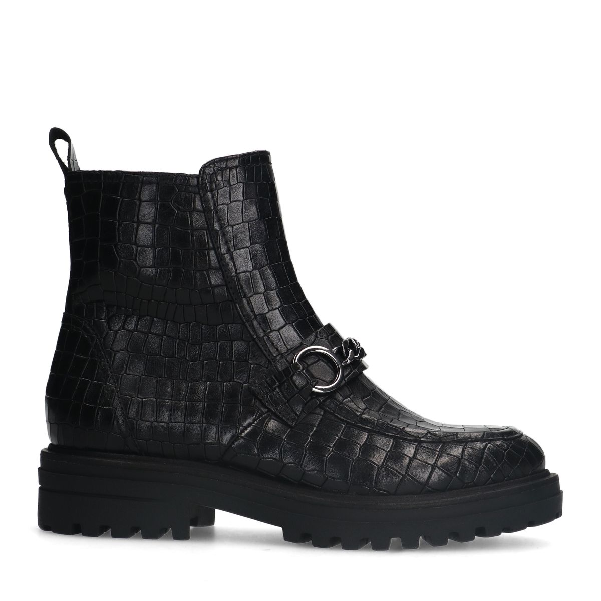 Zwarte leren boots met crocoprint en chain