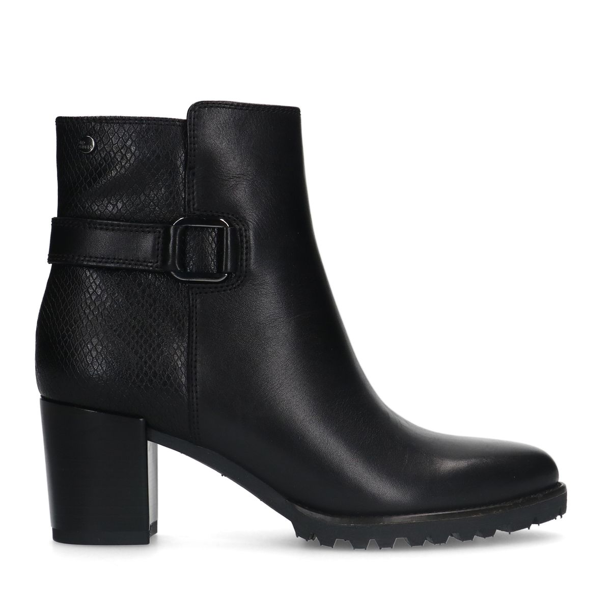 Zwarte leren enkellaarsjes met hak en zilverkleurige gesp