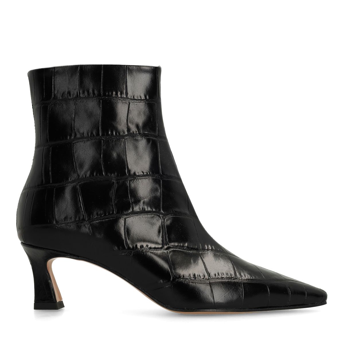 Manfield Schwarze Lederstiefeletten Mit Absatz Und Krokomuster
