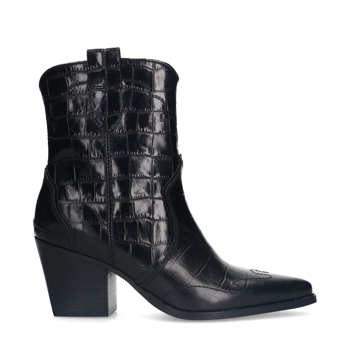 Zwarte leren croco enkellaarsjes met hak