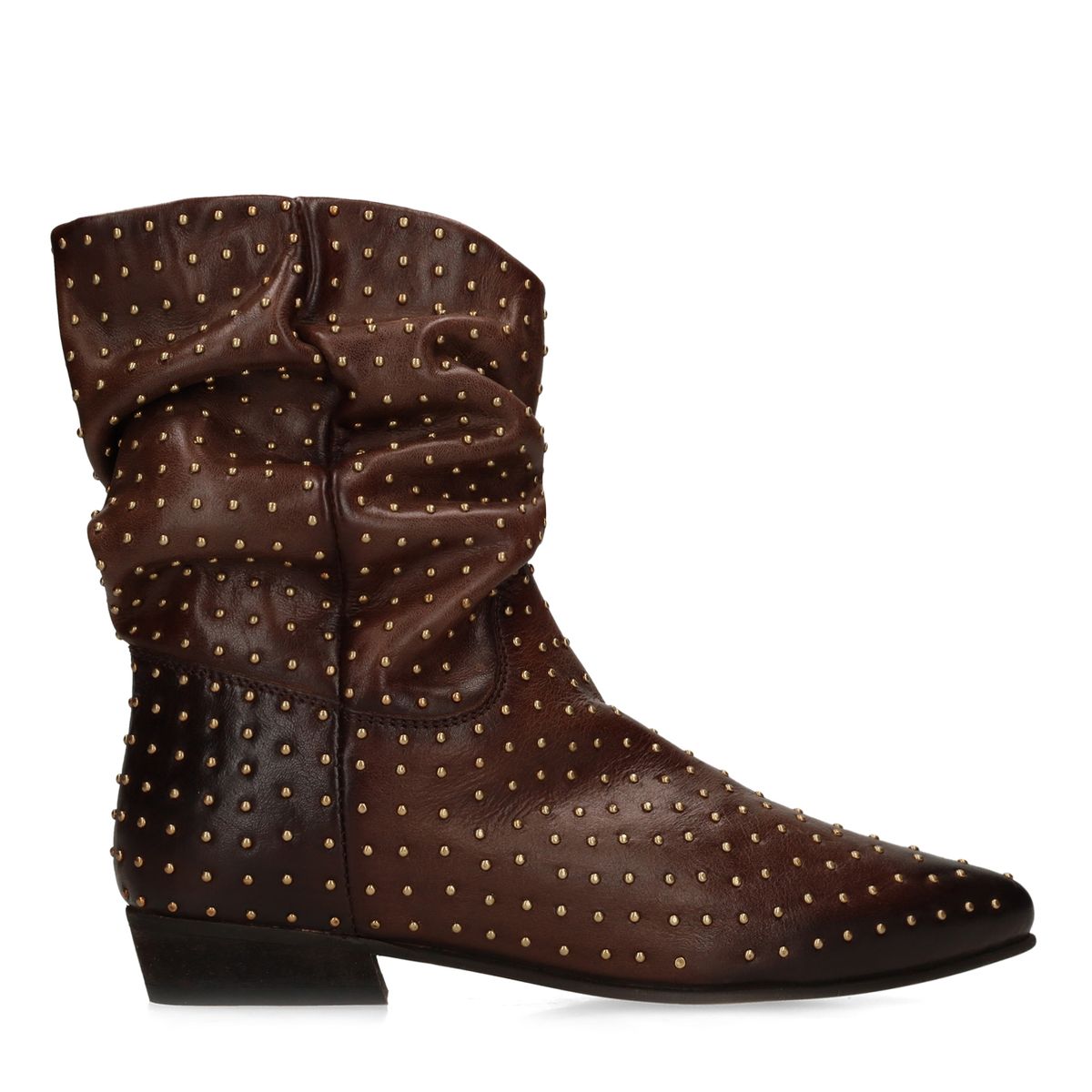 Bruine leren slouchy enkellaarsjes met gouden studs