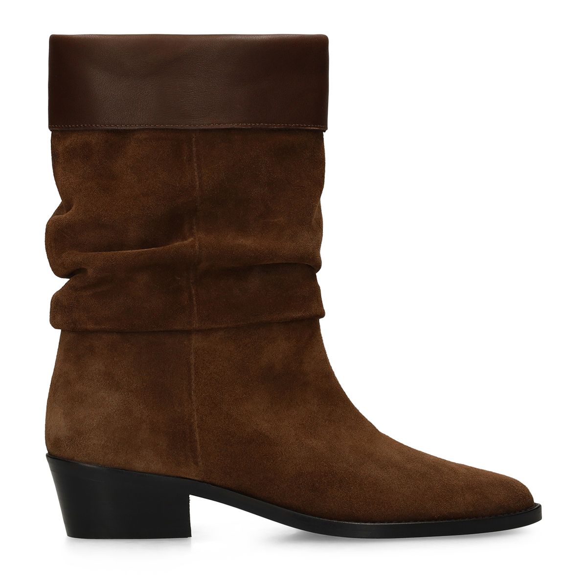 Manfield Bruine Suède Enkellaarsjes Met Bruine Leren Omslagflap Met Blokhak Van 4 Cm - Maat 39