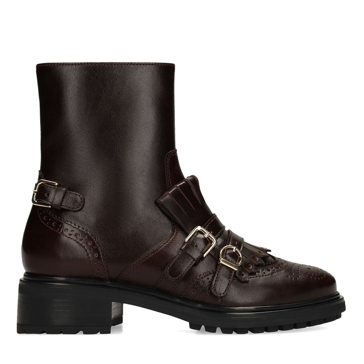 Donkerbruine leren enkellaarsjes met gouden gespen