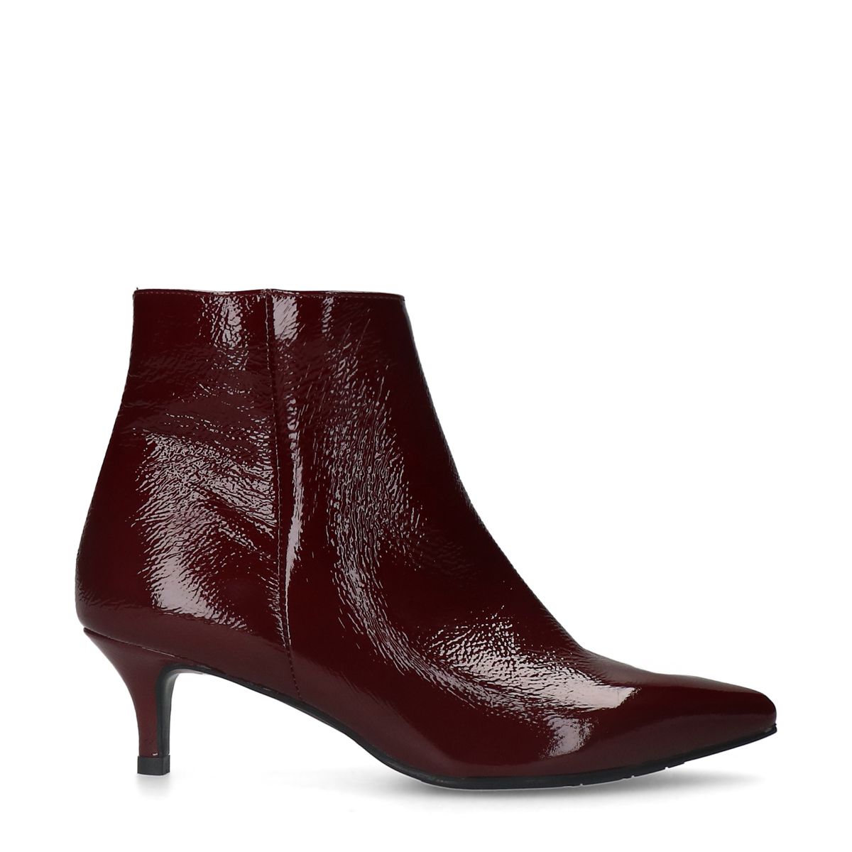 Bordeaux rode lak leren enkellaarsjes met hak