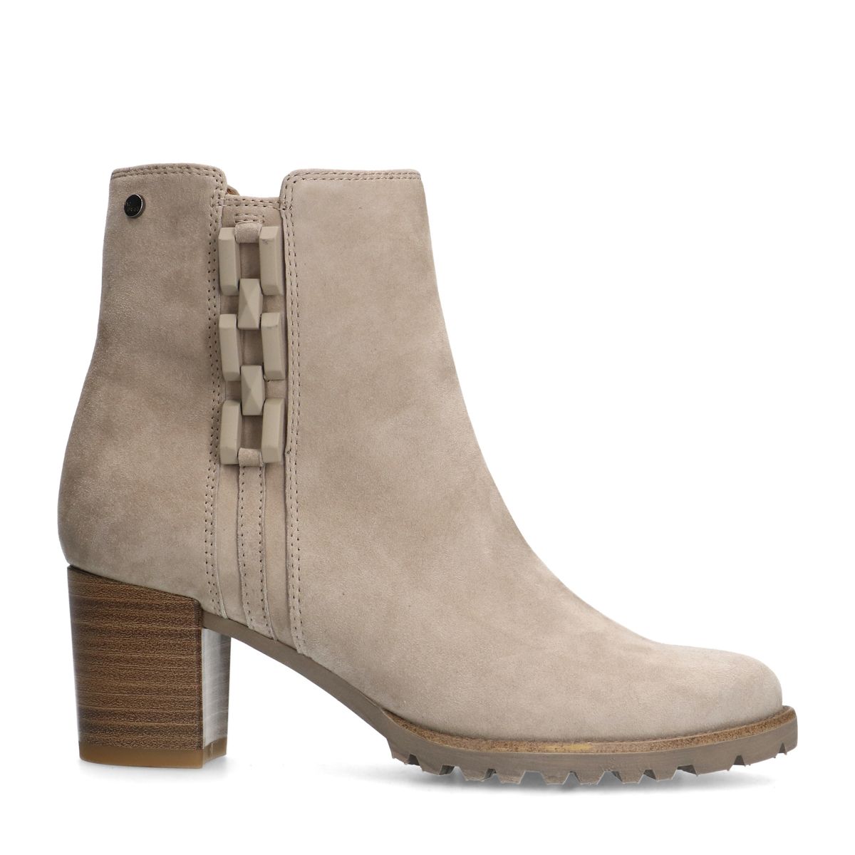 Grijze suède enkellaarsjes met hak en chain