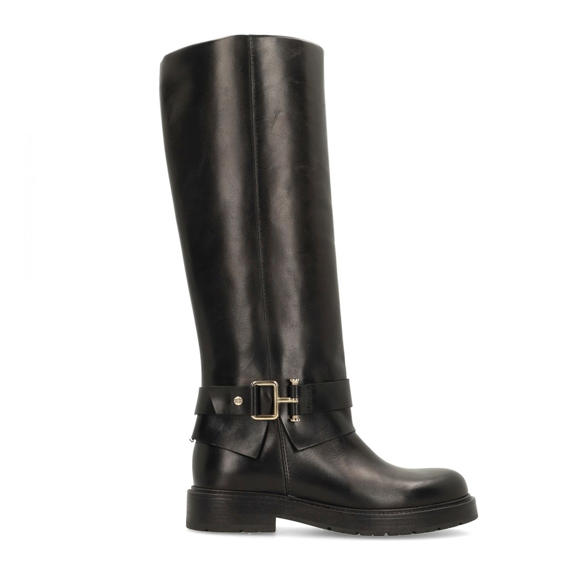 Zwarte hoge leren laarzen met gesp
