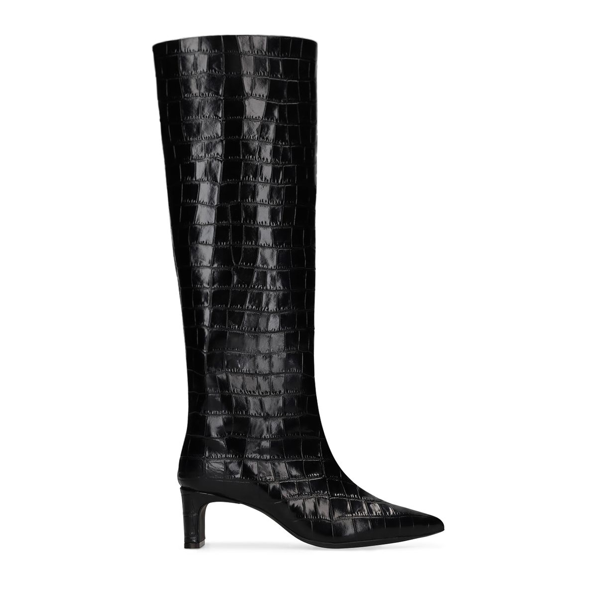Zwarte leren hoge laarzen met croco print