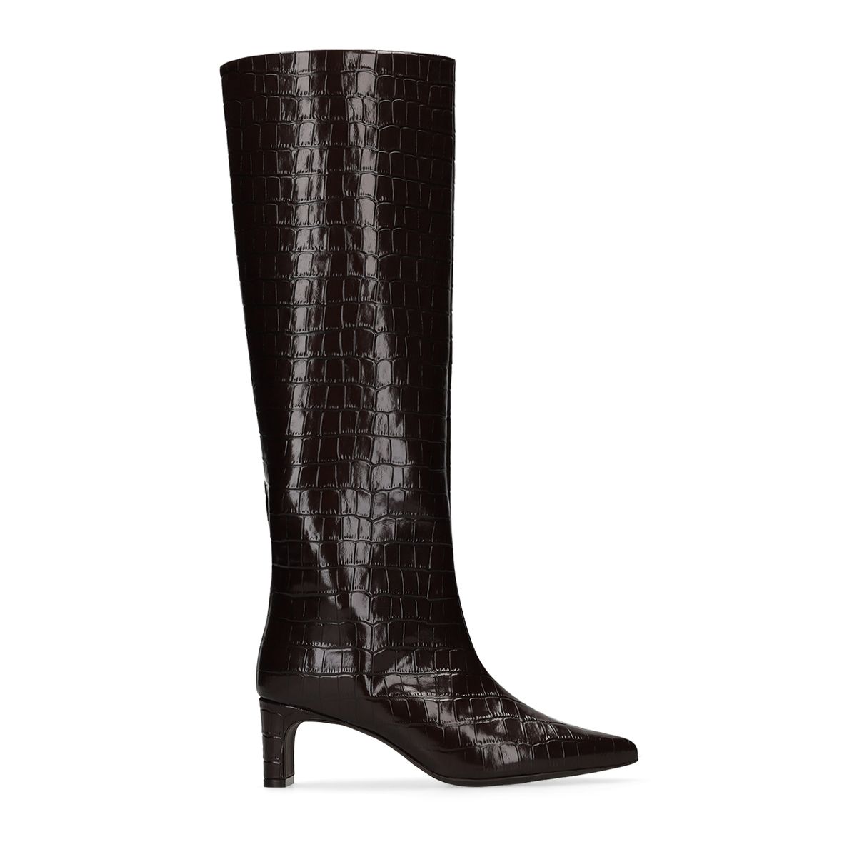 Bruine leren hoge laarzen met croco print