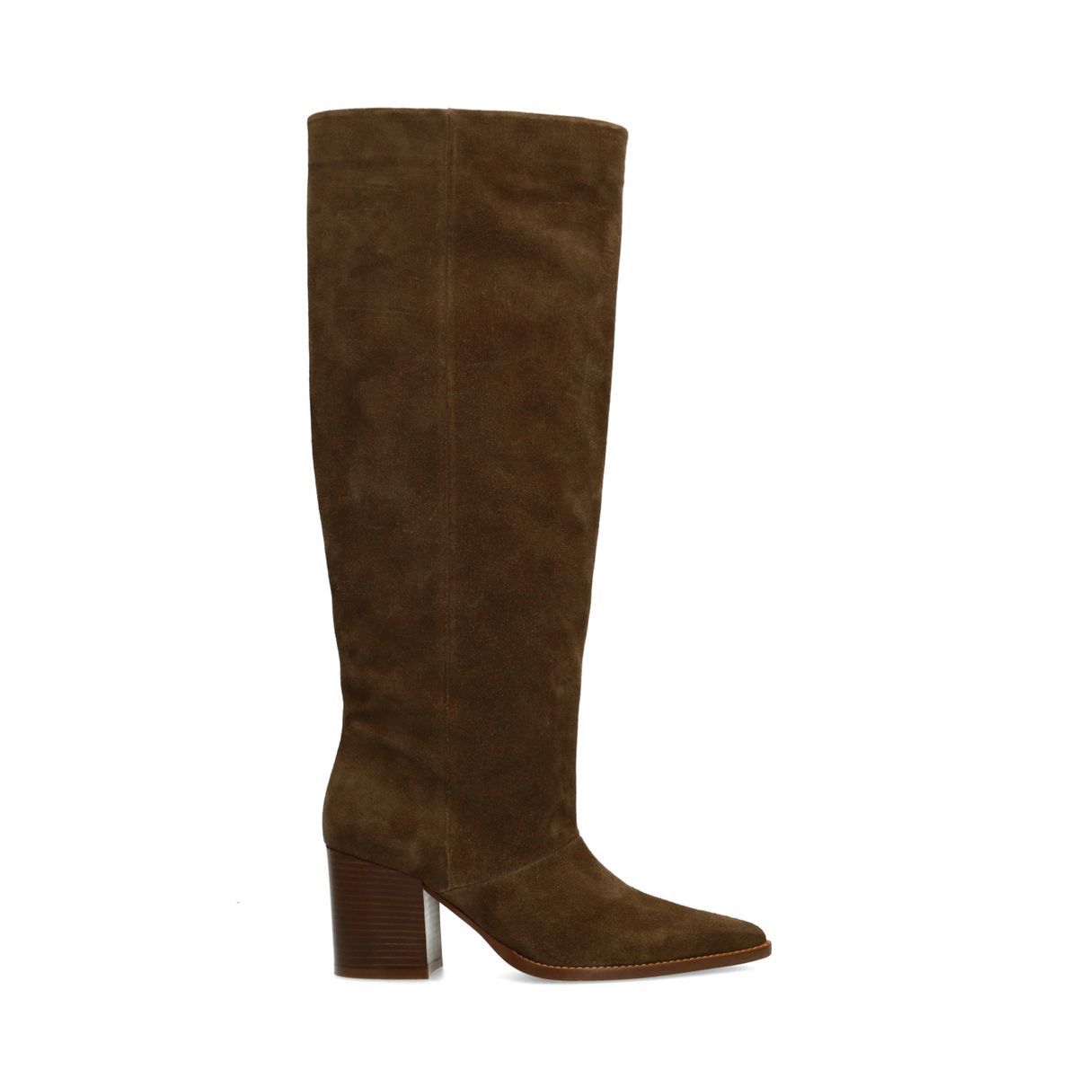 Taupe suède hoge laarzen met hak en brede schacht