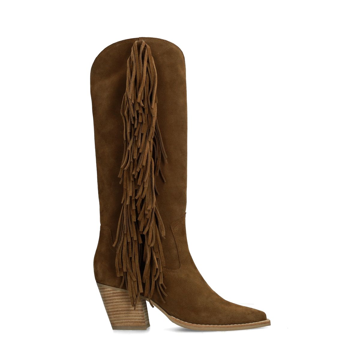 Bruine suède hoge cowboy laarzen met franjes