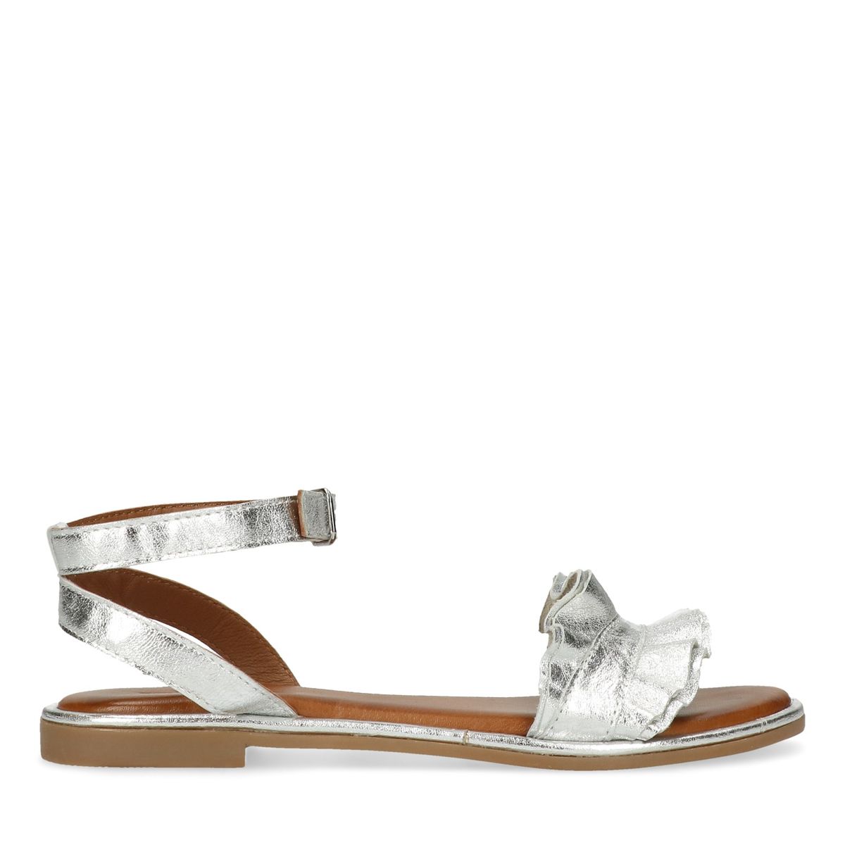 Silberne Metallic-Sandalen mit Rüschen