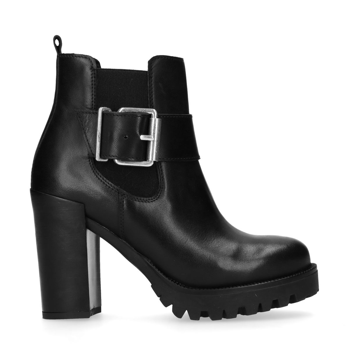 Schwarze Chelsea Boots mit Absatz und dekorativer Schnalle