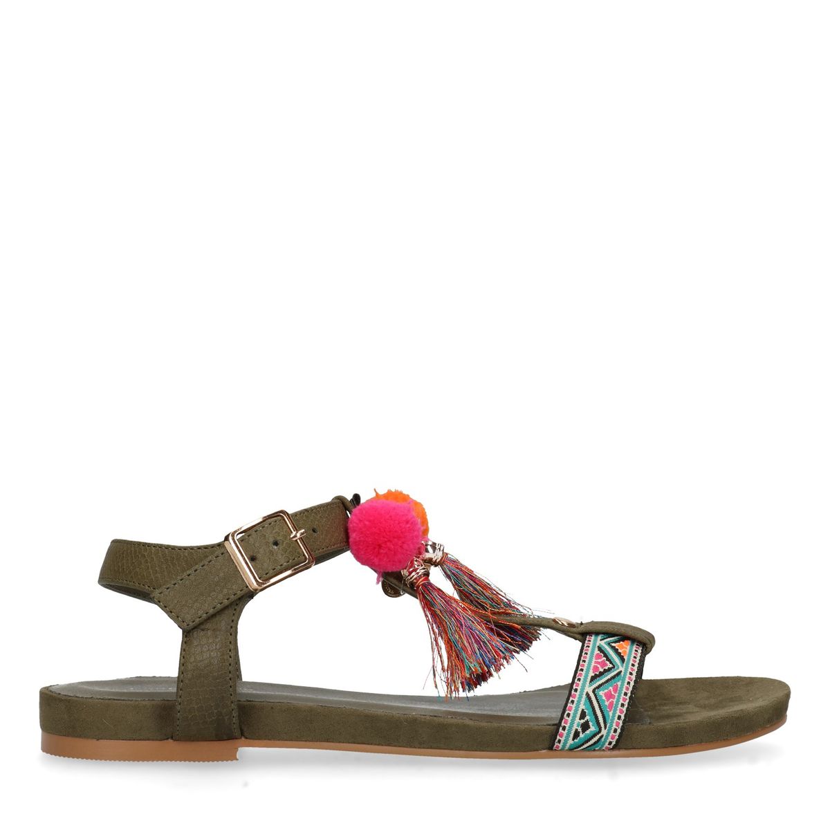 Dunkelgrüne Sandalen mit Pom-Pomps
