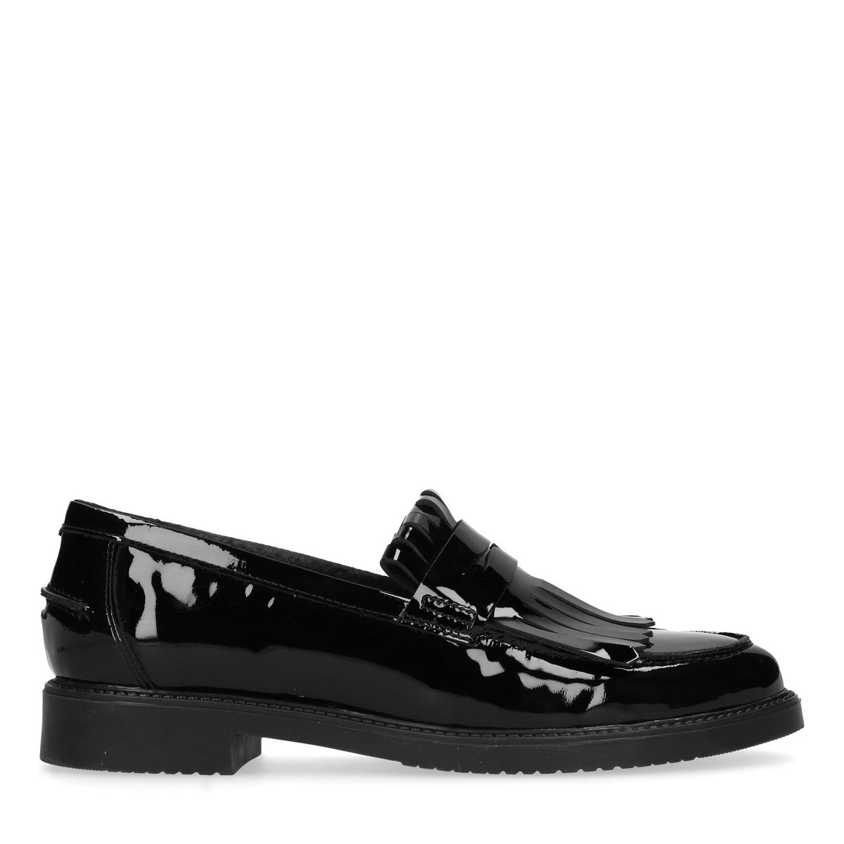 Schwarze Lack-Loafer mit Fransen